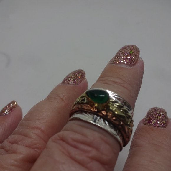 Whimsical "JADE" Handmade SPINNER RING in SILVER, GOLD & COPPER Size 9 #200A - Picture 2 of 3